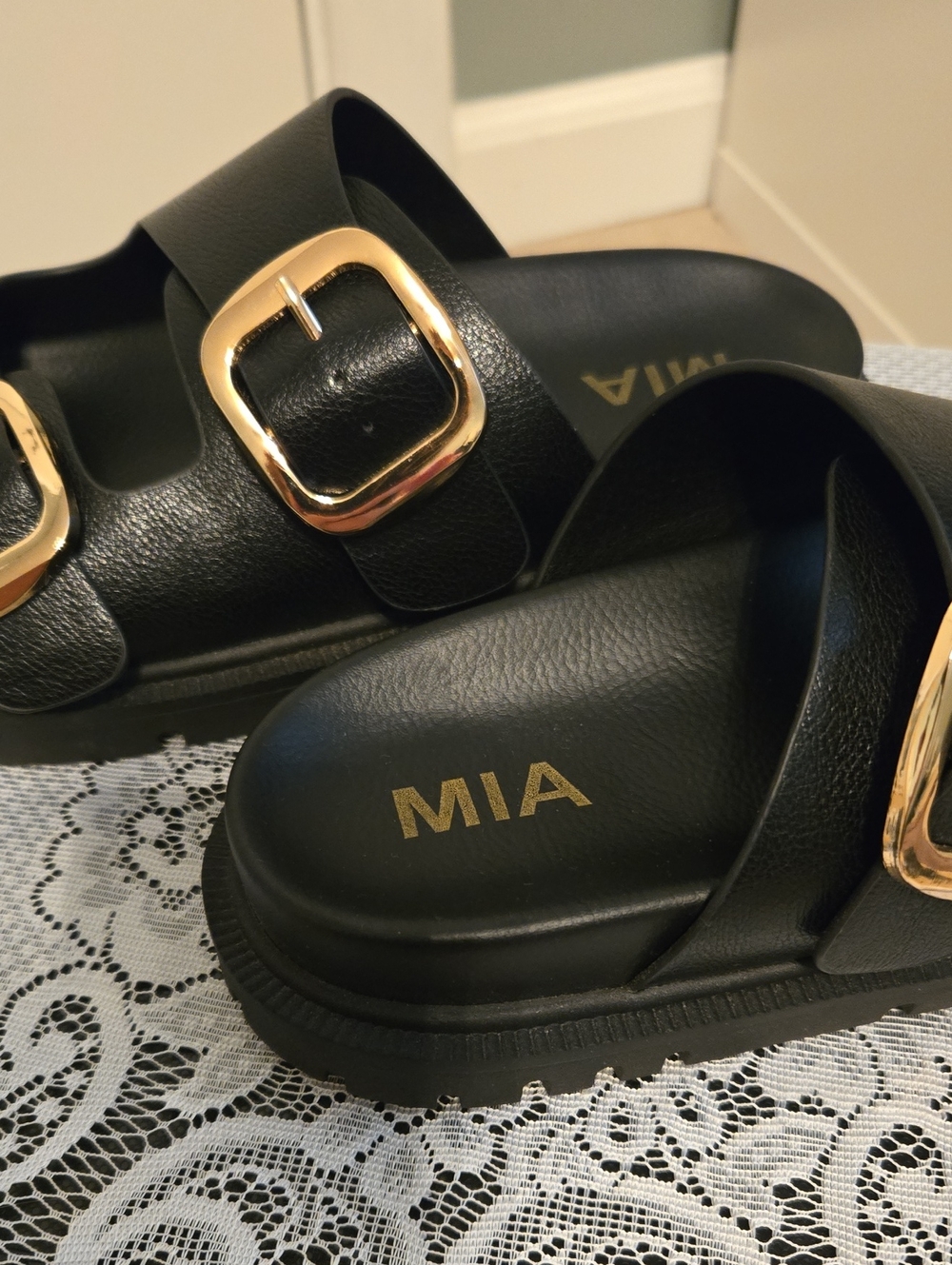 Black Double Buckle Slide Sandals with Gold Hardware - Picture 3 of 4
